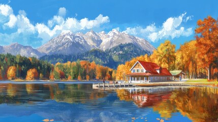 Fototapeta premium Autumn lake scene with snowcapped mountains and a lakeside cottage reflecting in the water