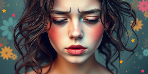 Dreamy Woman Portrait Artistic Makeup Curls Flowers Stars