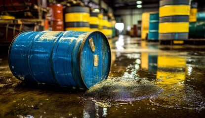 Leaking Barrel Spills Liquid, Industrial Accident Scene Shows Hazardous Waste, Urgent Cleanup Needed.