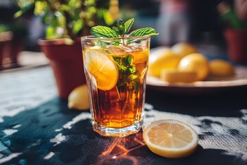 Refreshing Close Up of Iced Tea with Mint Leaves and Lemon Slices on a Table in Bright Natural Light