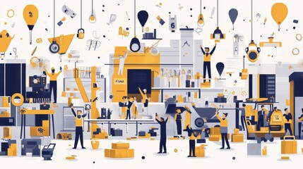 Colorful Illustration of Warehouse Workers in Busy Environment