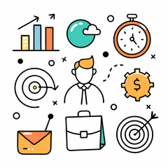 Hand drawn icon sketch business office career set. Vector on white background.