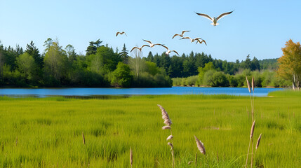 Blue Lake (bog-lake) is overgrown  soldier (Stratiotes) and sedges and surrounded by willows. Terns over the water, summer day, fresh wind