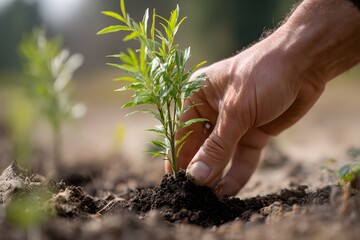 Fototapeta premium Close-up of a Hand Planting a Small Tree Seedling in Fresh Soil Under Natural Light