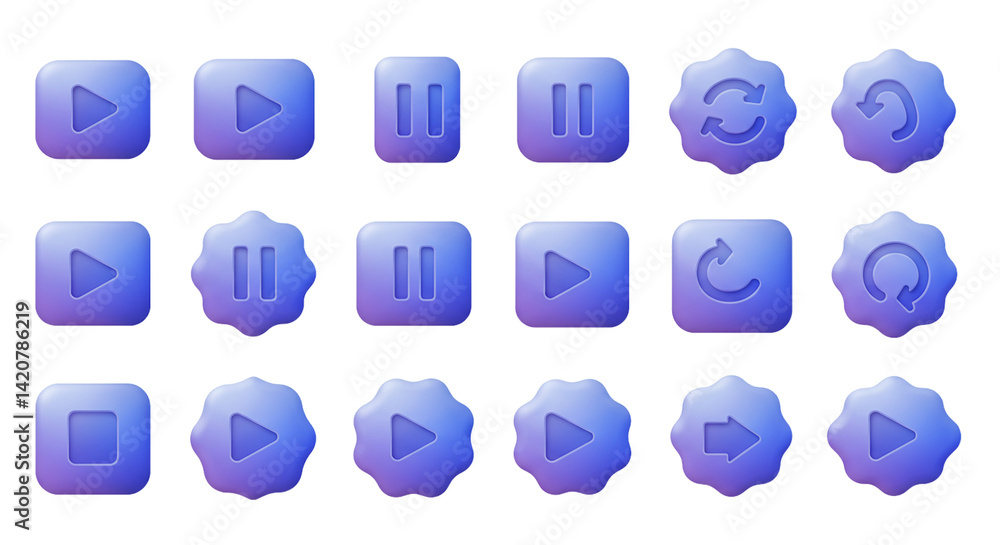Poster 3d multimedia interface icons in blue tones featuring play, pause, forward, and settings buttons iso