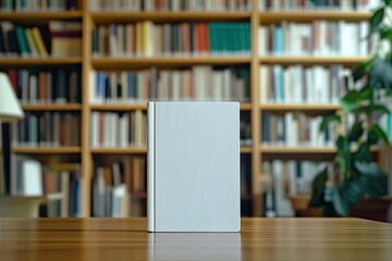 Blank book cover on wooden table, library background (1)