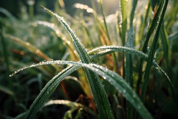 Obraz premium Close-Up of Dew-Covered Grass Blades at Sunrise Capturing Morning Beauty in Nature