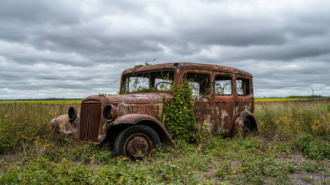 Fototapeta Abandoned Vintage Car Overgrown with Ivy in Rural Landscape Under Dramatic Cloudy Sky