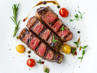 grilled steak with vegetables on white background 