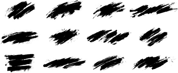 Grunge Brush Stroke Texture Set, Black Dry Ink Smudge and Splatter Vector Elements for Graphic Design and Art Projects
