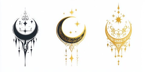 Isolated Eid calligraphy design with crescent moon set on white.