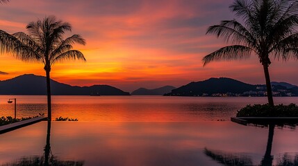 Tropical Sunset Reflection over Calm Water with Palm Trees Silhouettes