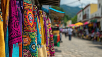 Colorful Handwoven Scarves Hanging at Market in Vibrant Artisan Village Setting