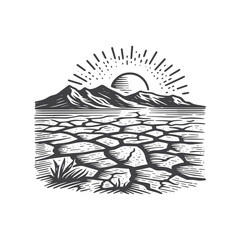 Naklejka premium Simple Desert Landscape with Dry Cracked Ground Vector Icon Design – Vintage Retro Logo & Illustration