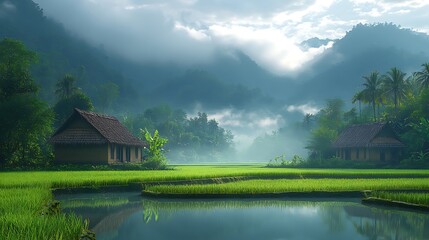 Fototapeta premium Scenic Rice Paddy Fields With Thatched Roof Huts In Lush Tropical Landscape Photo