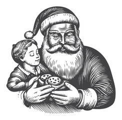 Vintage Engraving of Santa Claus and Child with Cookies