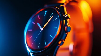 Close-up of a stylish wristwatch with a dark blue face and metallic band, illuminated by vibrant neon lights.