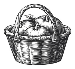 Fototapeta premium Hand-Drawn Engraving of a Basket with Fresh Pumpkins and Leaf