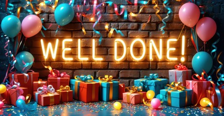 Celebratory scene. Bright neon sign displays WELL DONE. Numerous gifts surround glowing text, balloons add festive touch. Colorful confetti enhances joyful atmosphere.