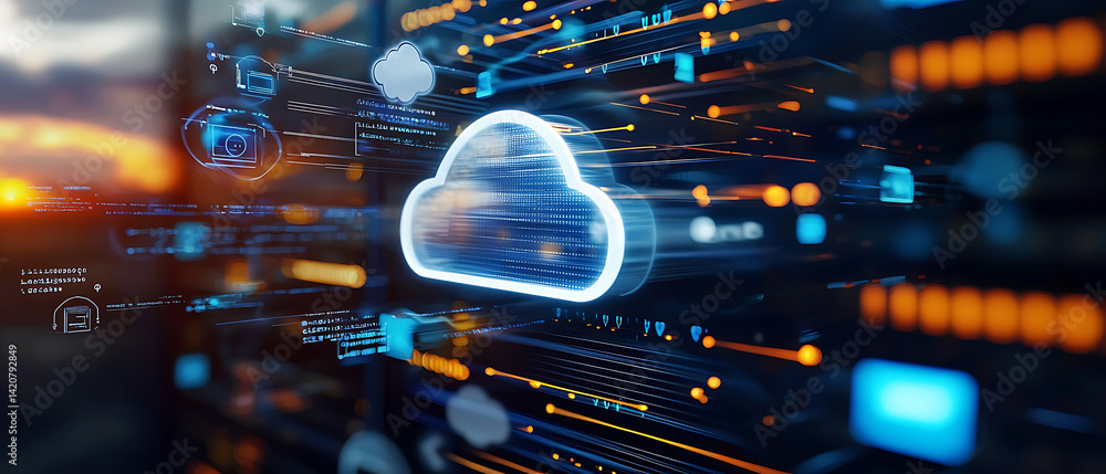 Poster cloud computing revolution digital data management infographic virtual environment aerial view techn