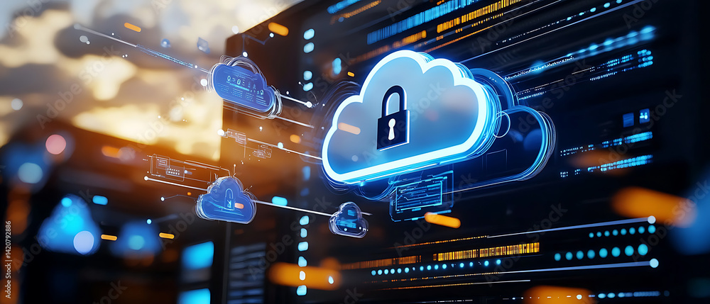 Poster securing cloud data digital environment graphic visualization technology futuristic perspective