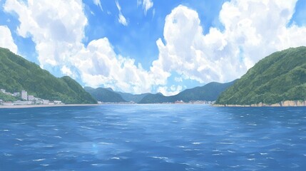 Fototapeta premium Azure expanse framed by verdant hills under a voluminous cloudladen sky