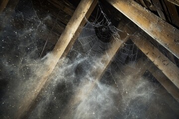 abandoned wooden attic, filled with layers of dust and intricate spider webs, conveying a sense of neglect and forgotten memories