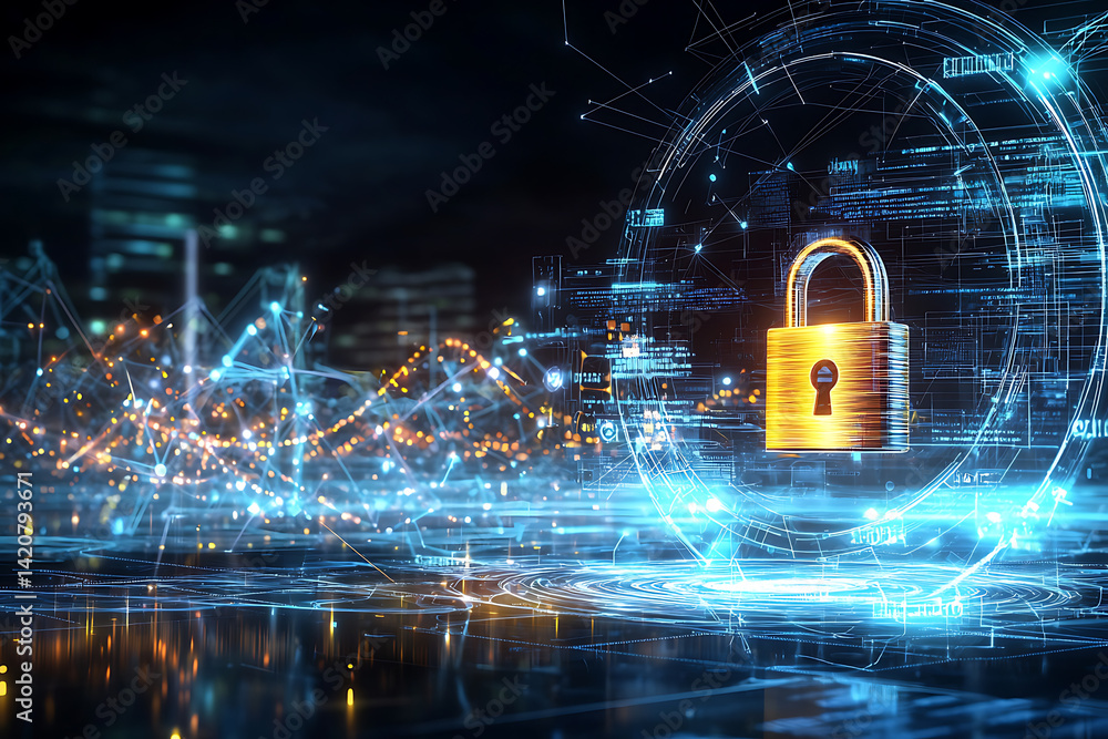 Poster securing digital information virtual environment graphic design high-tech setting futuristic perspec