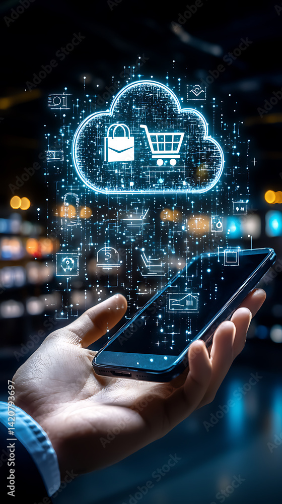 Aufkleber e-commerce transformation through digital cloud technology modern workspace infographic high-tech en