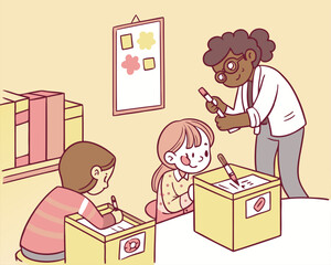 Classroom Scene: Teacher Helping Students with Art Project, Drawing on Boxes, Cute Cartoon Illustration for Education Resources