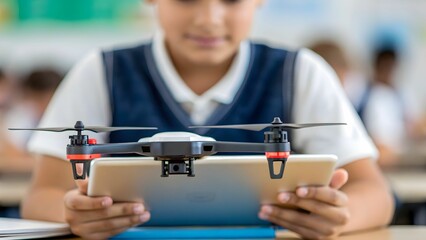 Project-Based Learning concept A child interacts with a drone using a tablet in a classroom setting, blending technology with education.