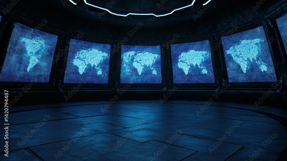Poster high-tech control room with multiple world maps in blue illumination and futuristic design