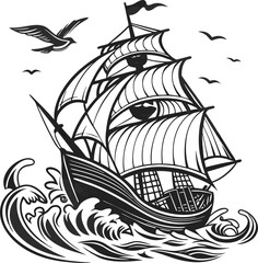 A sailing ship, a nautical vessel with a sail, journeys across the ocean waves, an illustration of summer travel on the sea