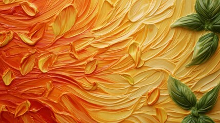Abstract impasto painting of orange and yellow hues with green leaves.