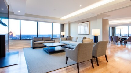 Fototapeta premium Modern living room with large windows showcasing city skyline at sunset, elegant furnishings