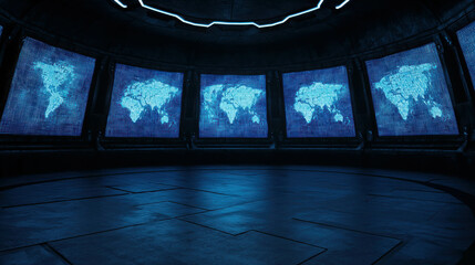 High-Tech Control Room with Multiple World Maps in Blue Illumination and Futuristic Design