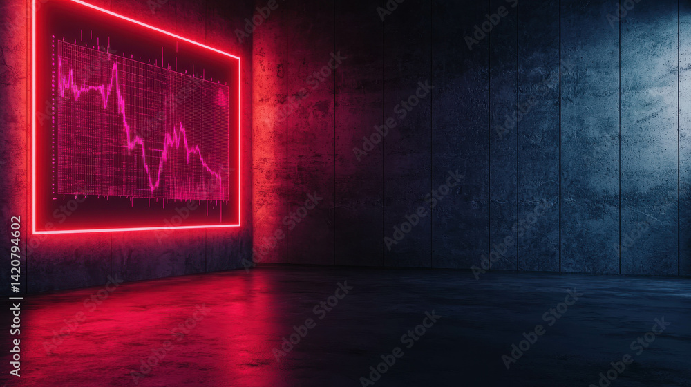 Poster neon grafitti wall with abstract data visualization in modern dark room environment