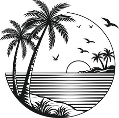 Tropical beach paradise with palm tree silhouettes under a summer sunset sky