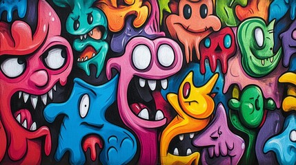 Fototapeta premium Colorful cartoon monster group with varying facial expressions abound