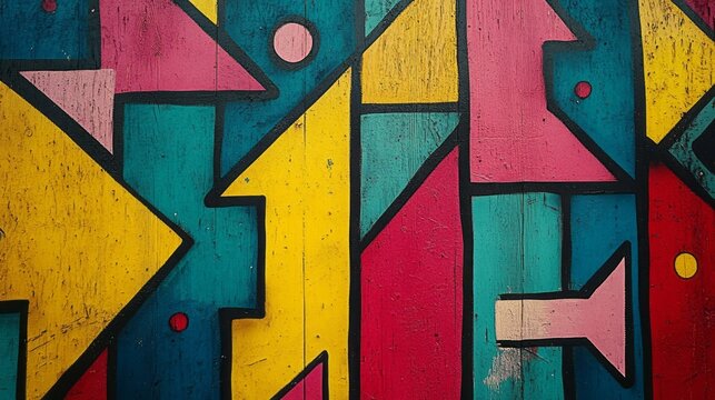 Vibrant geometric pattern painted on weathered wooden surface