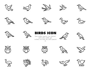 Obraz premium Bird icon set, simple line drawing.
