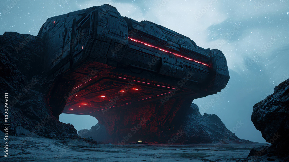 Poster futuristic spaceship hovering above rocky terrain with glowing red lights in cosmic environment