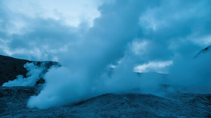 Fototapeta premium Blue-Hued Geothermal Landscape with Steam Eruptions and Cloudy Sky at Dusk