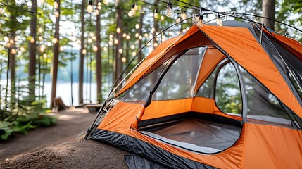 Cozy Tent Setup in National Park Under String Lights for Relaxing Retreat