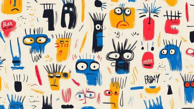Pattern of colorful cartoon characters with varied expressions shown