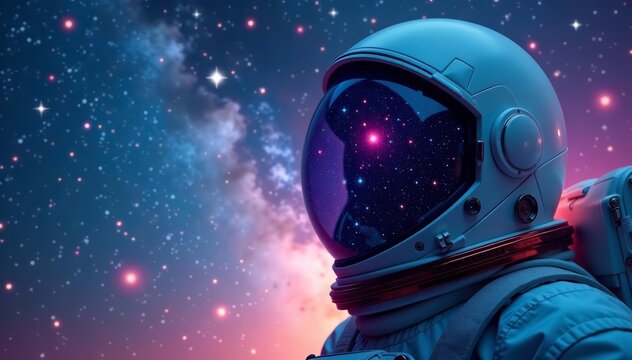 Close-up of astronaut helmet overlaying a starry sky, universe, spacewalk