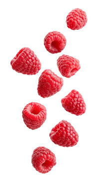 Raspberries falling isolated on transparent background
