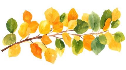 A branch with leaves that are orange and yellow isolated on a transparent background