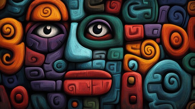 Colorful aztec style face crafted from distinct geometric shapes