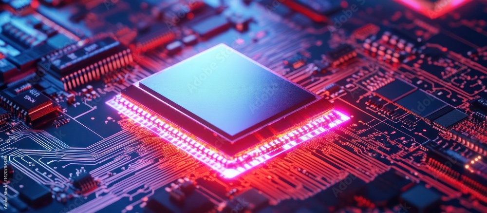 Poster detailed view of a modern computer processor on a vibrant circuit board